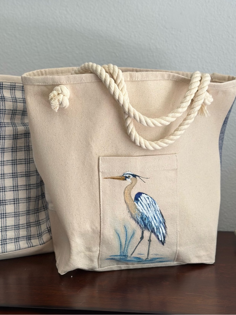 Canvas Cream Tote with Heron Artwork and Rope Handles